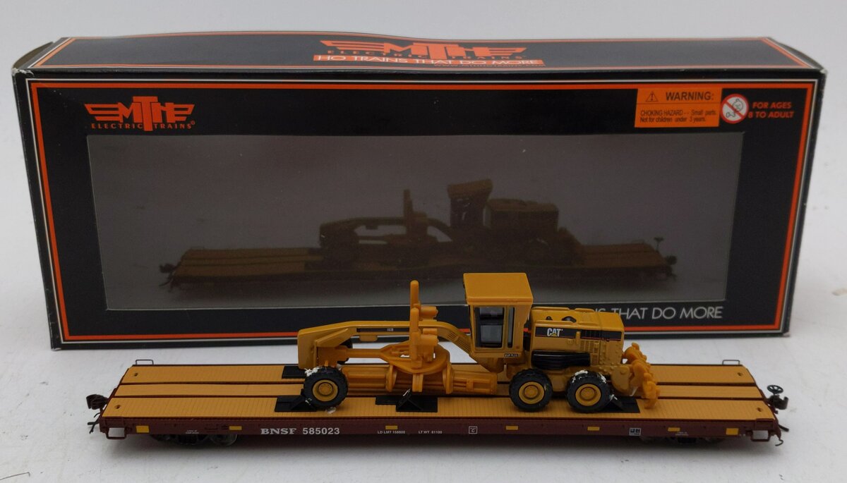 MTH 80-98017 Burlington Northern Santa Fe HO 60' Wood Flat Car w/163H Grader