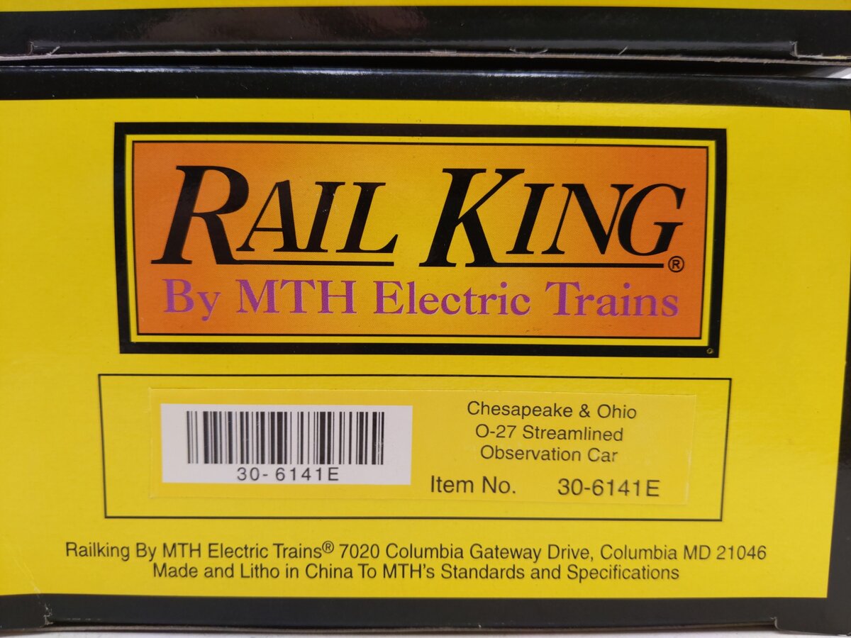 MTH 30-6141 O C&O RailKing O-27 Streamlined Passenger Car Set (Set of 4) NIB
