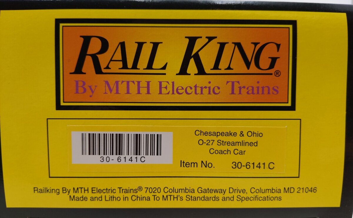 MTH 30-6141 O C&O RailKing O-27 Streamlined Passenger Car Set (Set of 4) NIB