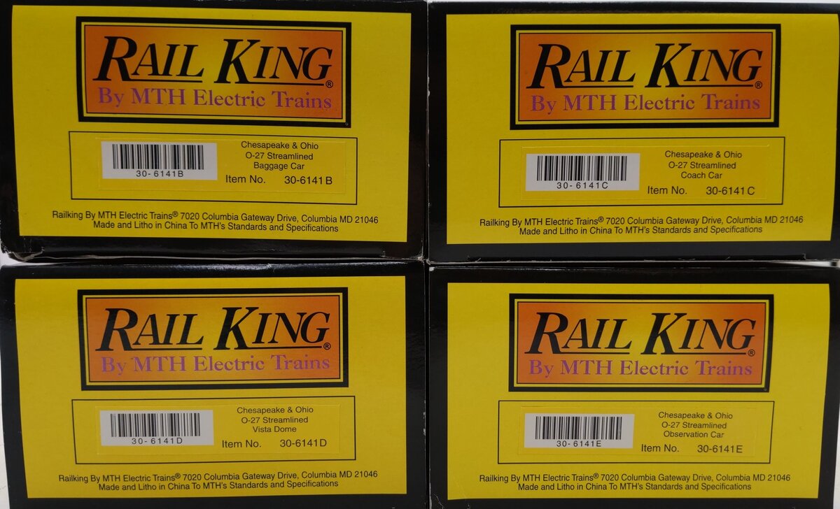 MTH 30-6141 O C&O RailKing O-27 Streamlined Passenger Car Set (Set of 4) NIB