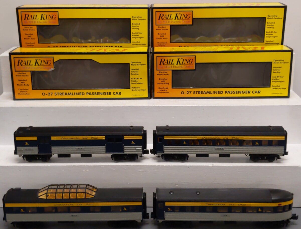MTH 30-6141 O C&O RailKing O-27 Streamlined Passenger Car Set (Set of 4) NIB