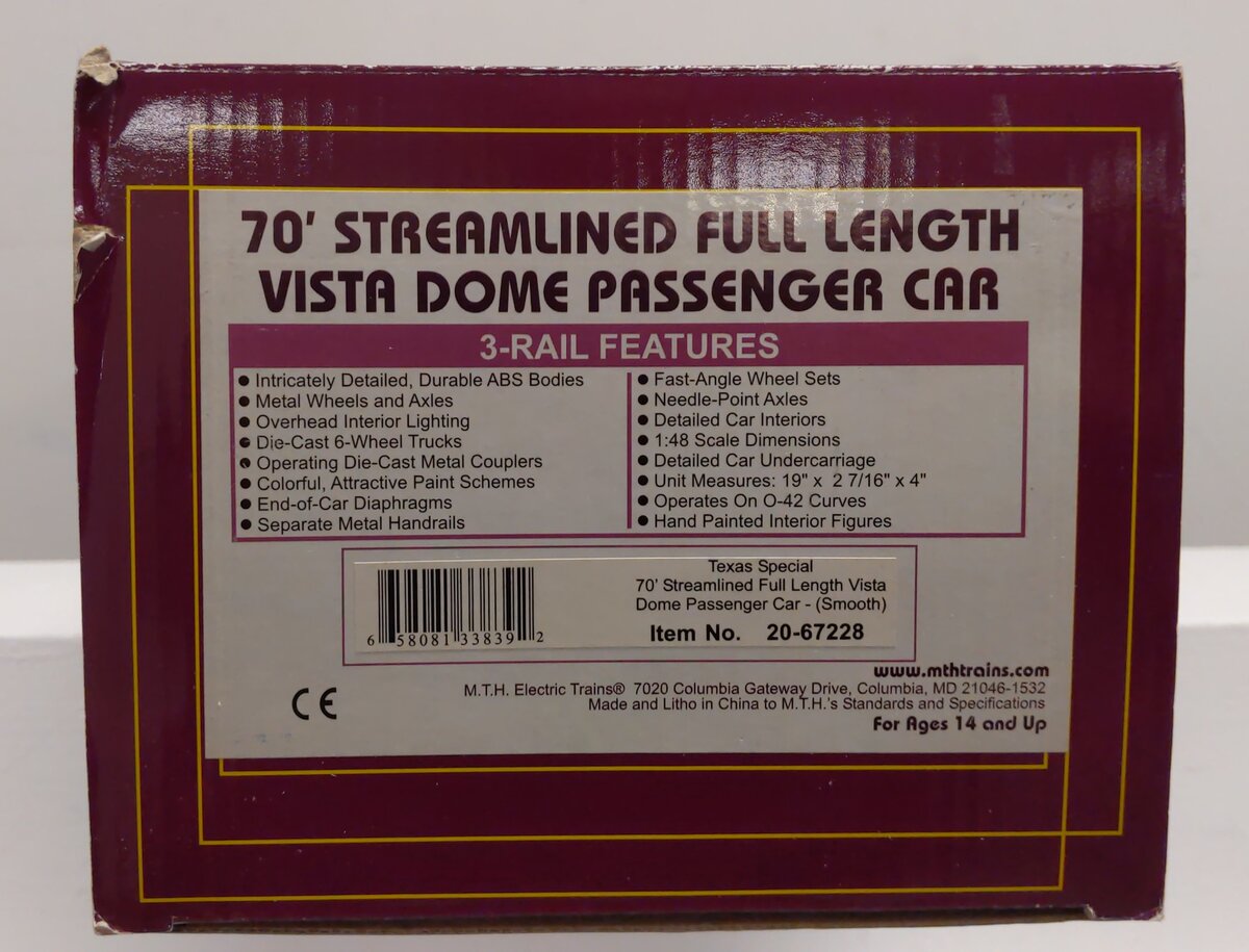 MTH 20-67228 Texas Special 70' Smooth Full Vista Dome Passenger Car