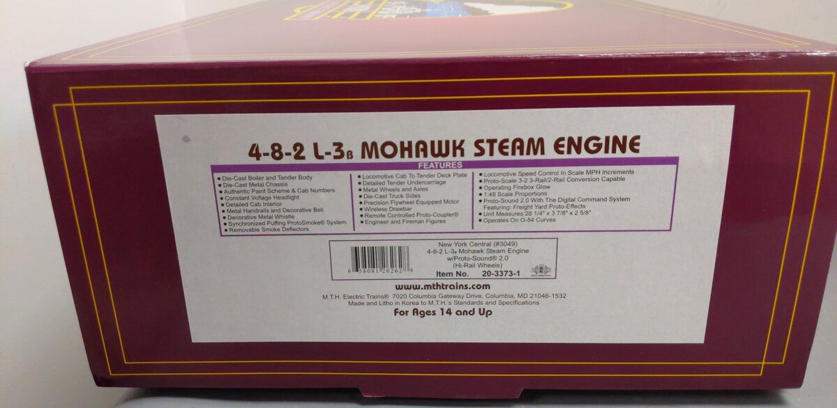 MTH 20-3373-1 O Gauge NYC 4-8-2 L-3b Mohawk Steam Loco & Tender #3049 w/PS2