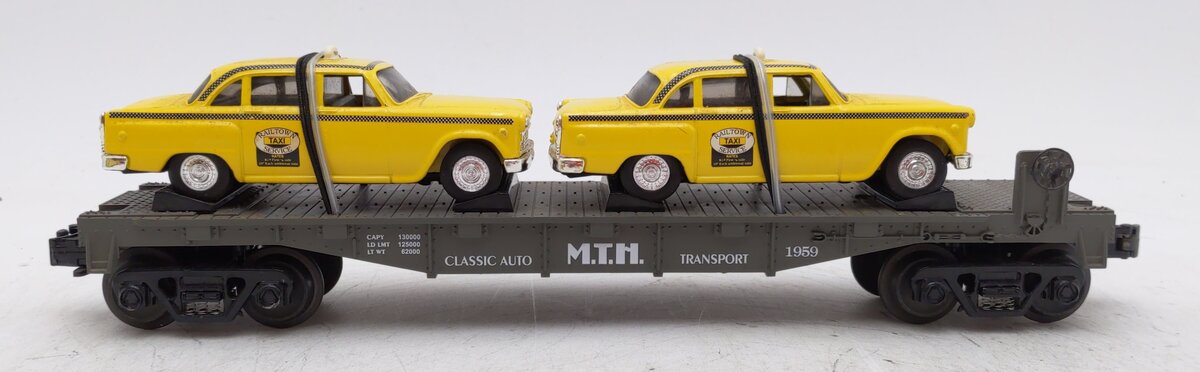 MTH 30-7625 O Gauge MTH Auto Transport Flatcar w/ Ertl Checker Cabs #1959 LN/Box