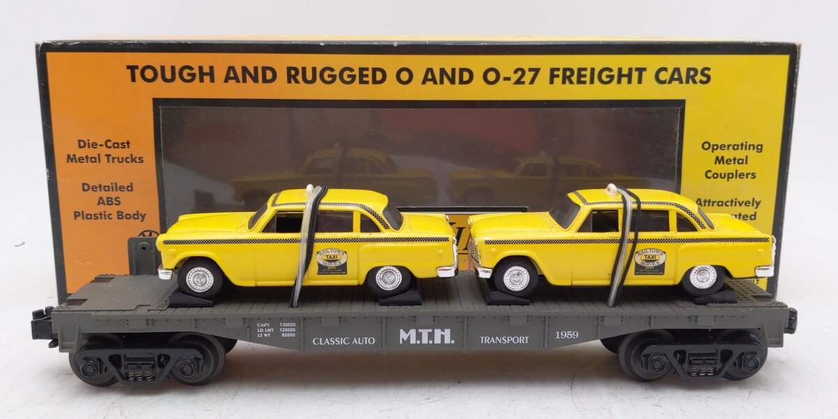 MTH 30-7625 O Gauge MTH Auto Transport Flatcar w/ Ertl Checker Cabs #1959 LN/Box
