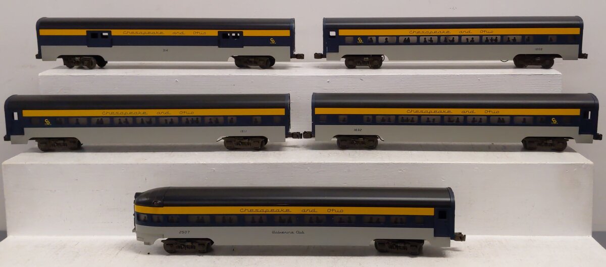 MTH 20-6502 O Chesapeake & Ohio 70' Aluminum Passenger Car Set (Set of 5) EX/Box