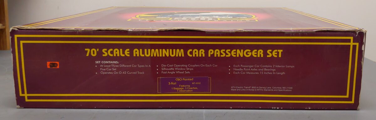 MTH 20-6502 O Chesapeake & Ohio 70' Aluminum Passenger Car Set (Set of 5) EX/Box
