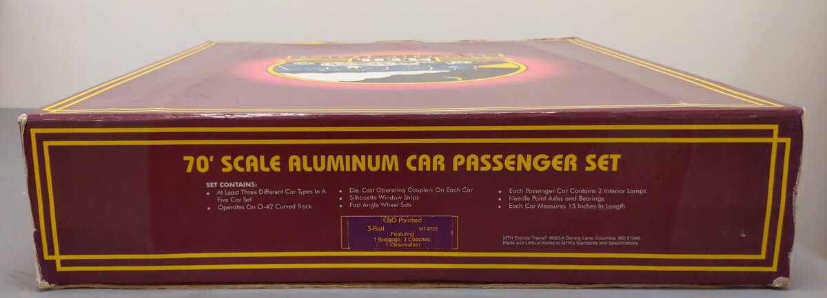MTH 20-6502 O Chesapeake & Ohio 70' Aluminum Passenger Car Set (Set of 5) EX/Box