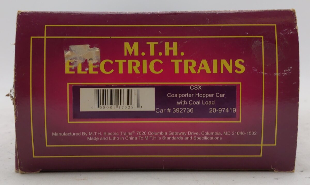 MTH 20-97419 O CSX Coalporter Hopper w/Coal Load #392736 LN/Box