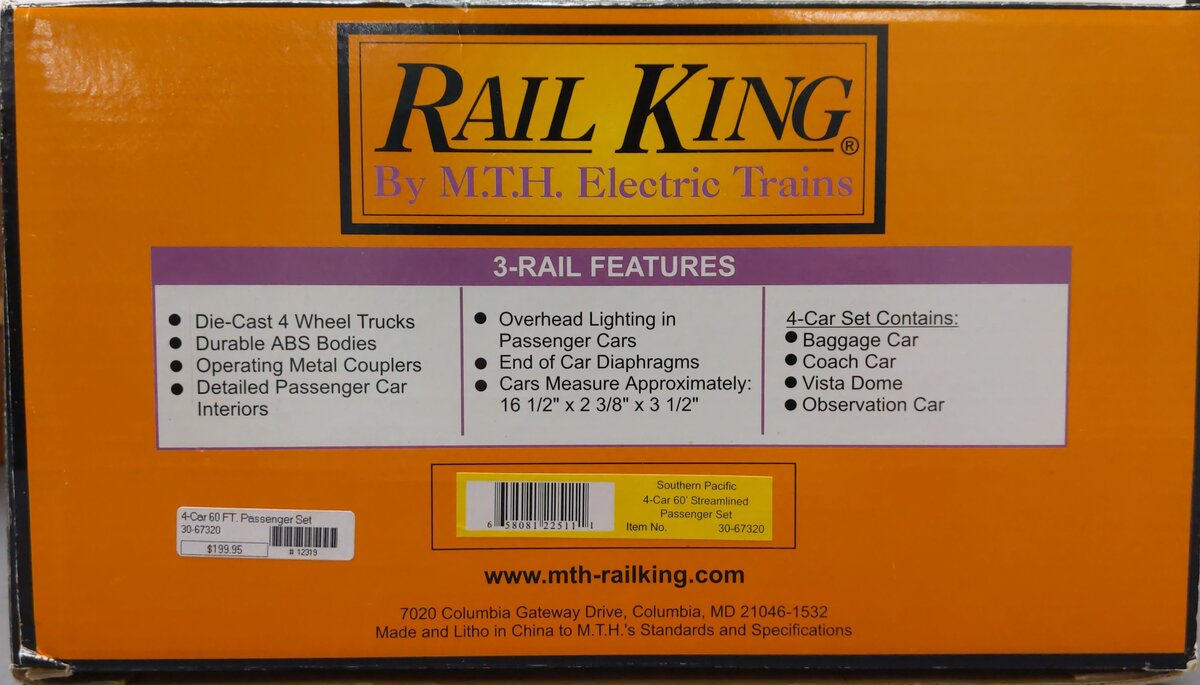 MTH 30-67320 O Southern Pacific 60' Streamlined Passenger Car Set (Set of 4) NIB