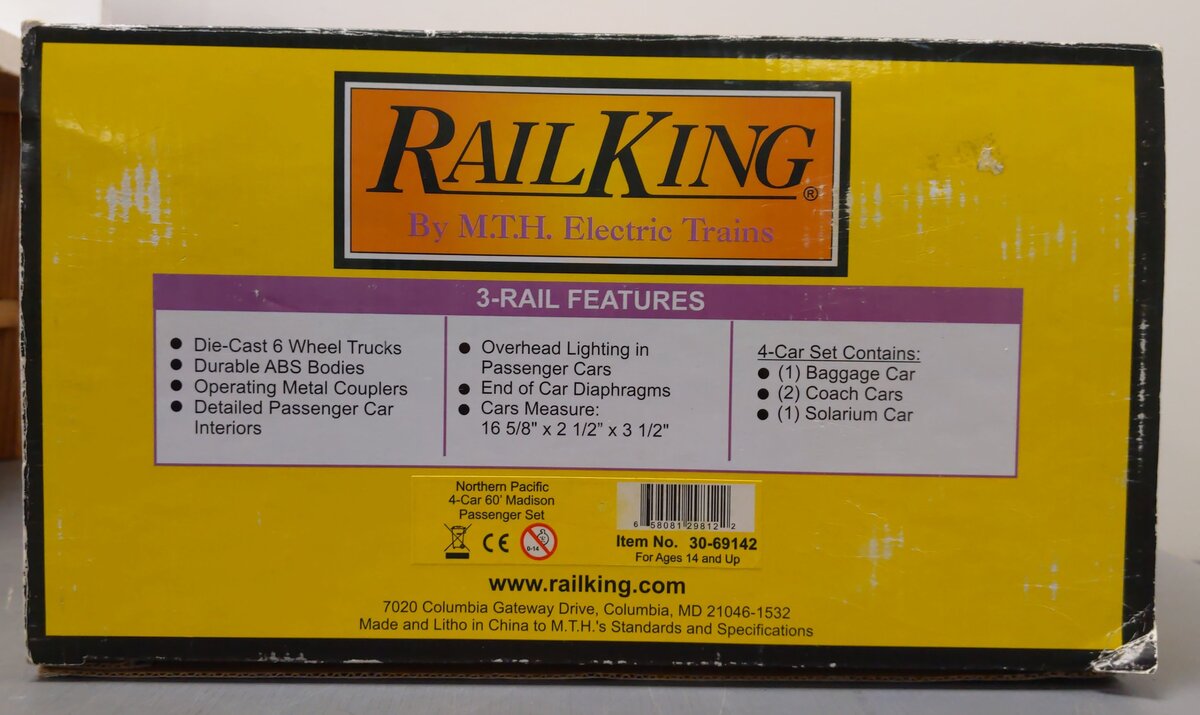 MTH 30-69142 O Northern Pacific 60' Madison Passenger Car Set (Set of 4)