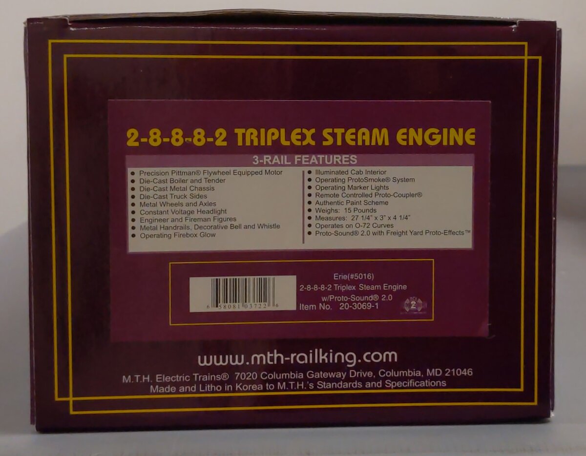 MTH 20-3069-1 O Erie 2-8-8-8-2 Triplex Steam Locomotive & Tender #5016 w/PS2 LN/Box