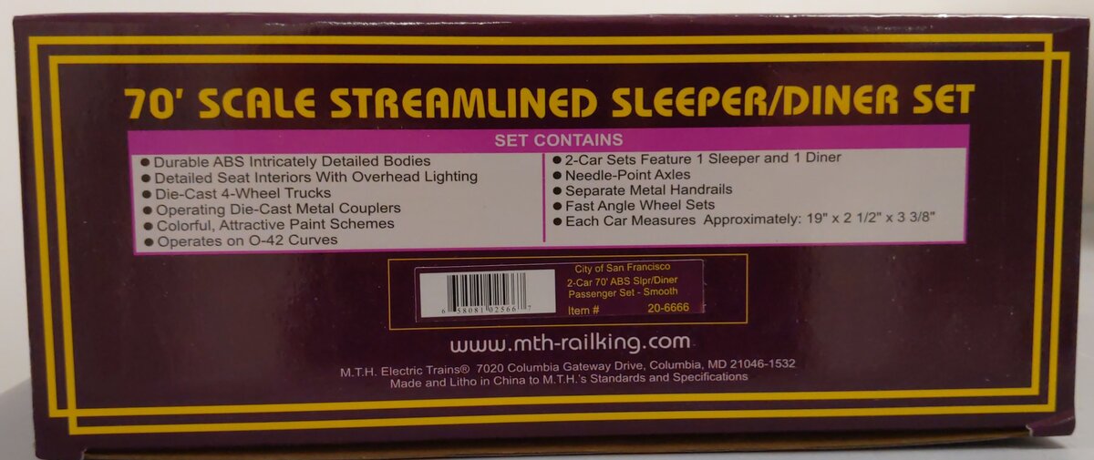 MTH 20-6666 O City of San Francisco 70' Streamlined Slpr/Diner Passenger Car Set LN/Box
