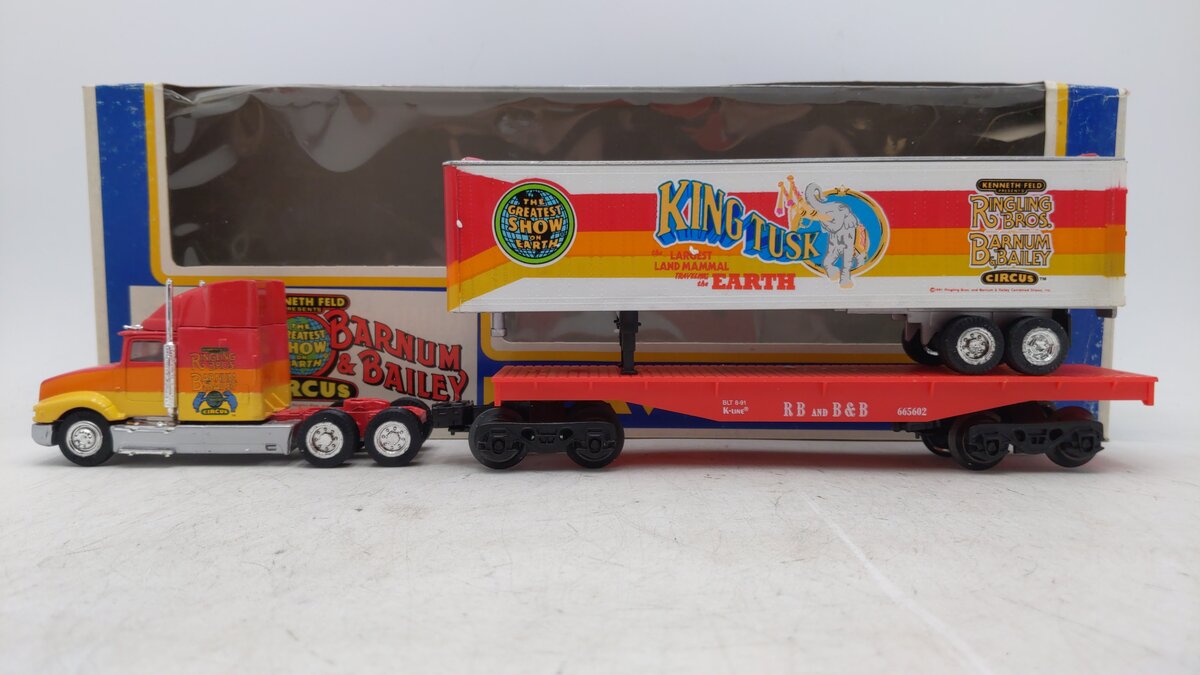 K-Line K-665602 O Gauge Ringling Bros. Flatcar w/ King Tusk Trailer LN/Box
