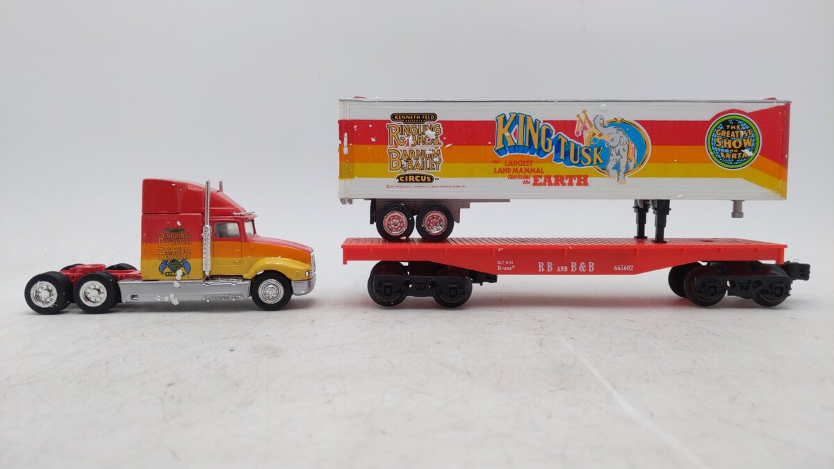 K-Line K-665602 O Gauge Ringling Bros. Flatcar w/ King Tusk Trailer LN/Box