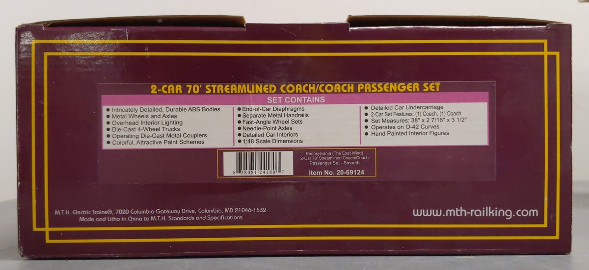 MTH 20-69124 O The East Wind 70' Streamlined Coach Passenger Set (Set of 2)