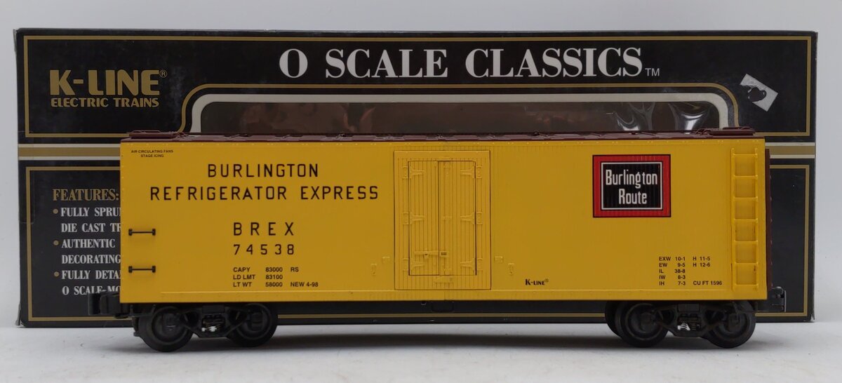 K-Line K762-1331 O Burlington Route Woodside Refrigerator Car #74538 - 3 Rail LN/Box