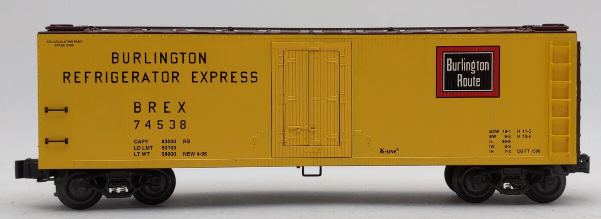 K-Line K762-1331 O Burlington Route Woodside Refrigerator Car #74538 - 3 Rail LN/Box