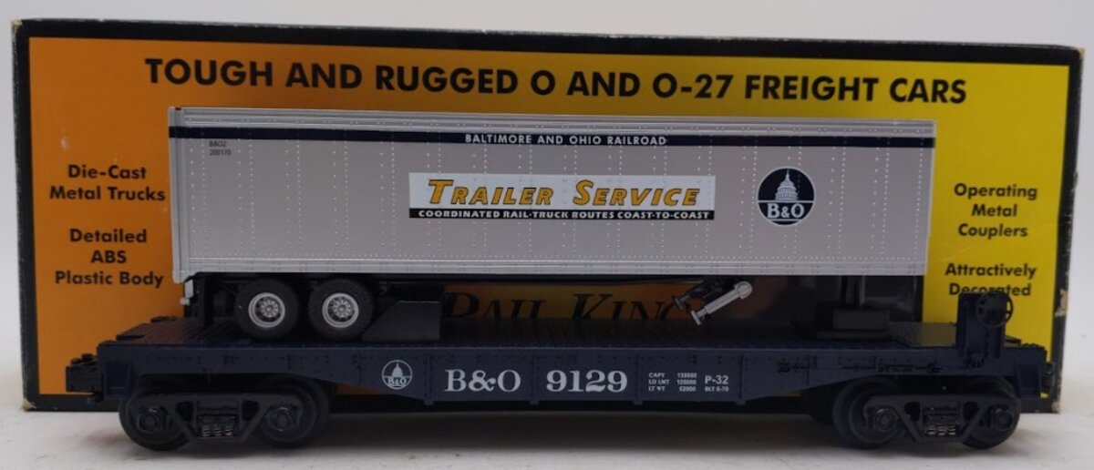 MTH 30-7633 O Gauge Baltimore & Ohio Flatcar with Trailer #9129 LN/Box