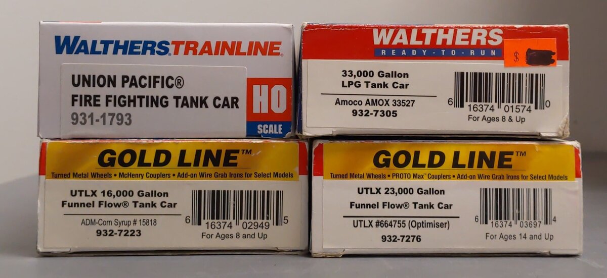 Walthers Assorted HO Tank Cars [4]: #33527, 664755,15818, 90814 VG/Box
