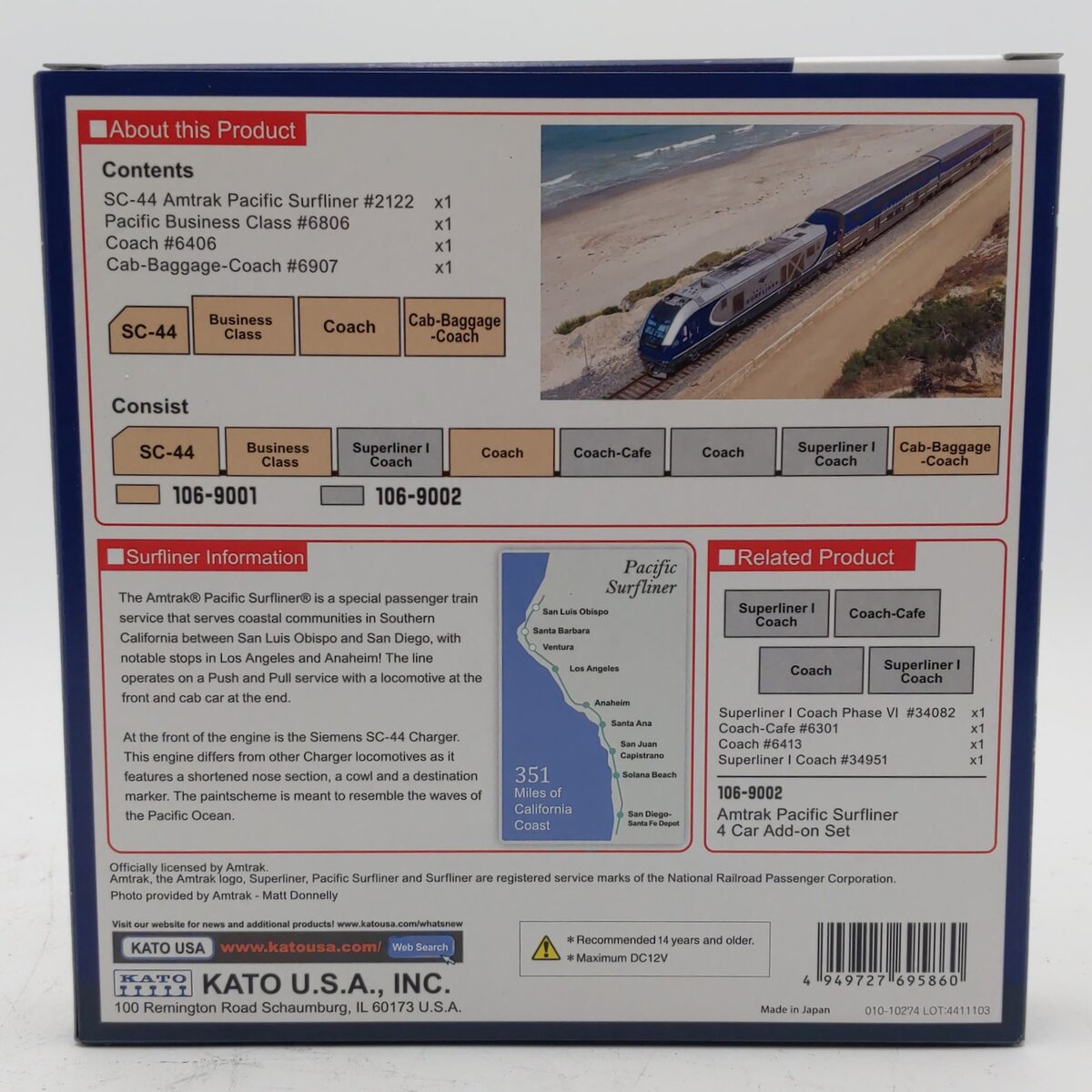 Kato 106-9001 N Amtrak SC-44 & Amtrak Pacific Surfliner 4 Unit Base Set