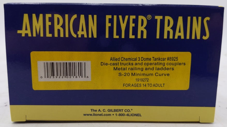 American Flyer 1919272 S Gauge Allied Chemical 3 Dome Tank Car #8925