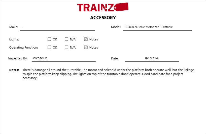 BRASS N Scale Motorized Turntable