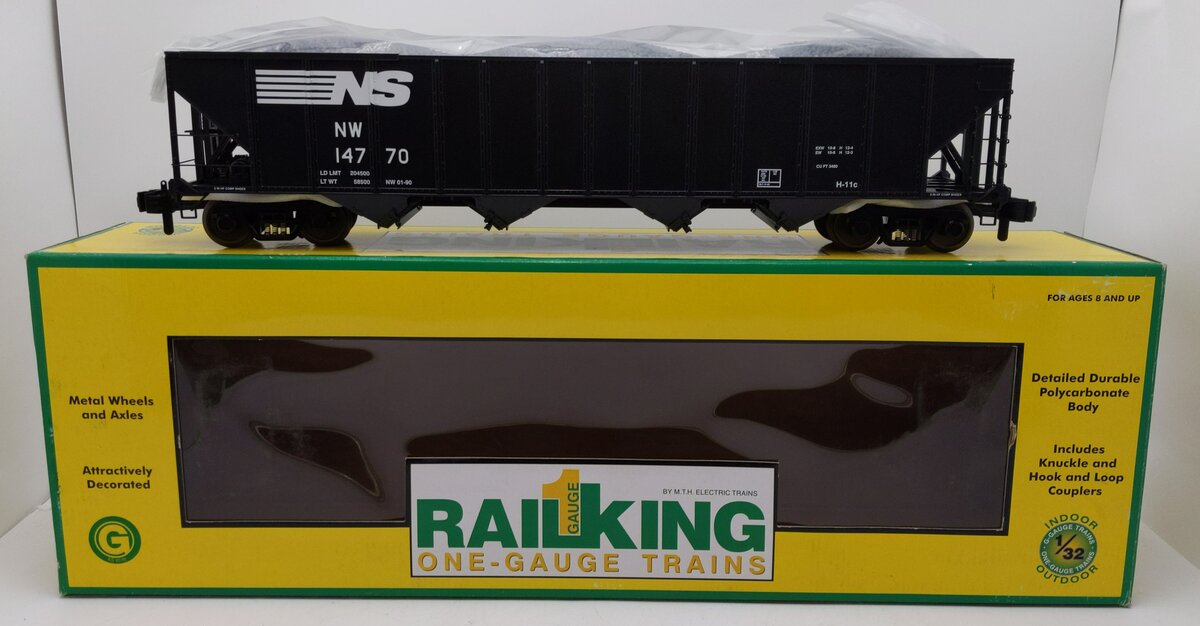MTH 70-75018 G Scale Norfolk Southern 4-Bay Hopper w/ Coal #14770 (Metal Wheels)