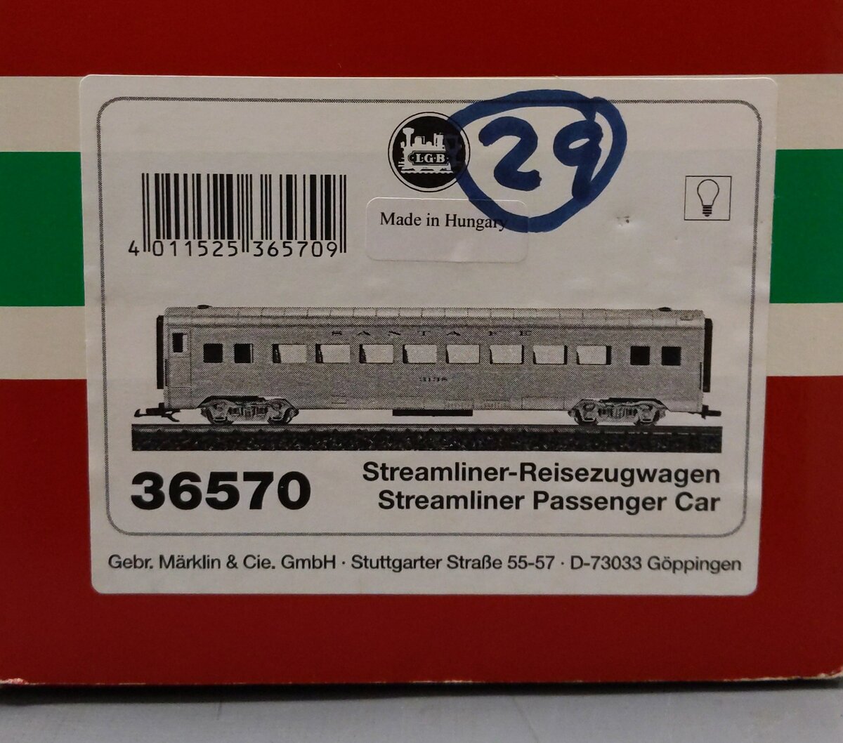 LGB 36570 ATSF Streamline Passenger Car - Metal Wheels #3138