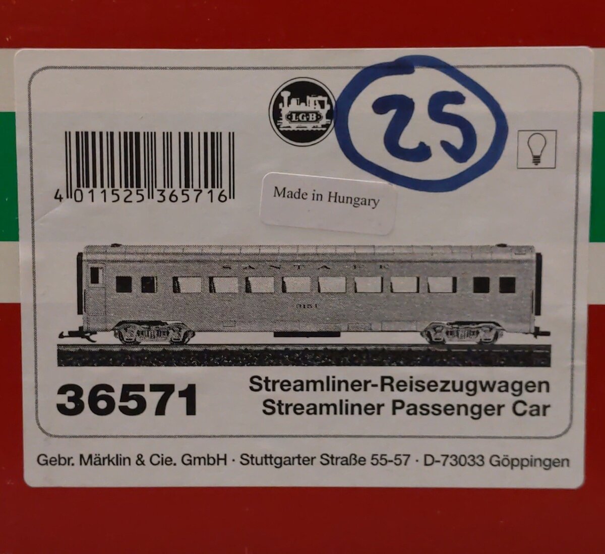 LGB 36571 ATSF Streamline Passenger Car #3151