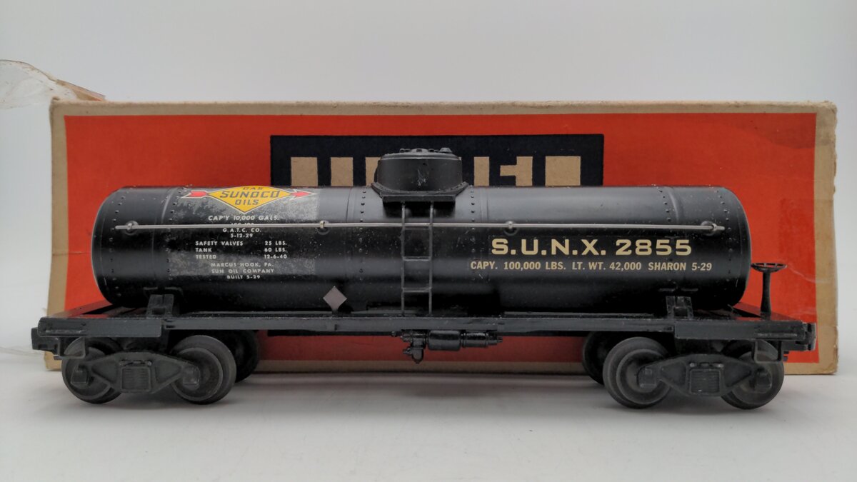 Lionel 2855 Vintage O Gauge Postwar Sunoco Black Semi-Scale Tank Car VG/Box