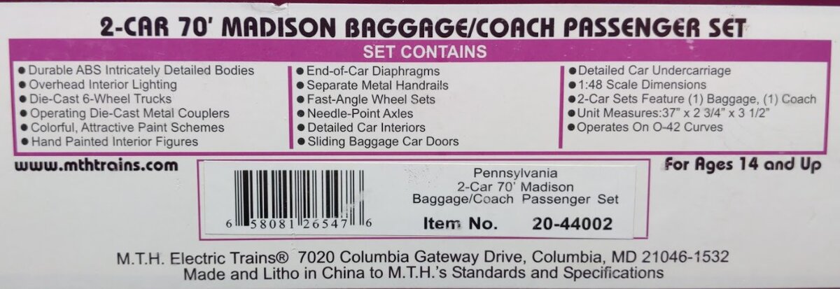 MTH 20-44002 O Pennsylvania 70' Madison Baggage/Coach Passenger Set (Set of 2)