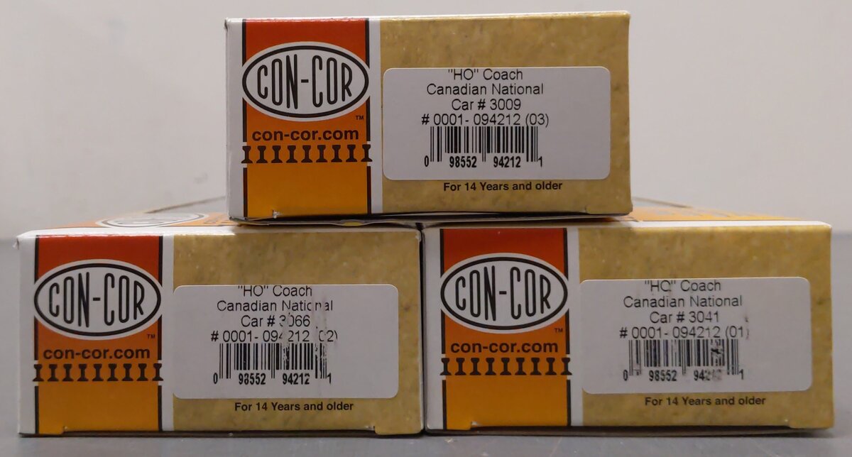 Con-Cor Assorted HO Canadian National Coach Passenger Cars [3]: 3009, 3041, 3066 LN/Box