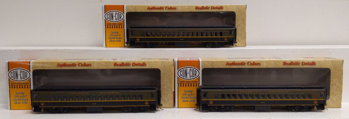 Con-Cor Assorted HO Canadian National Coach Passenger Cars [3]: 3009, 3041, 3066 LN/Box