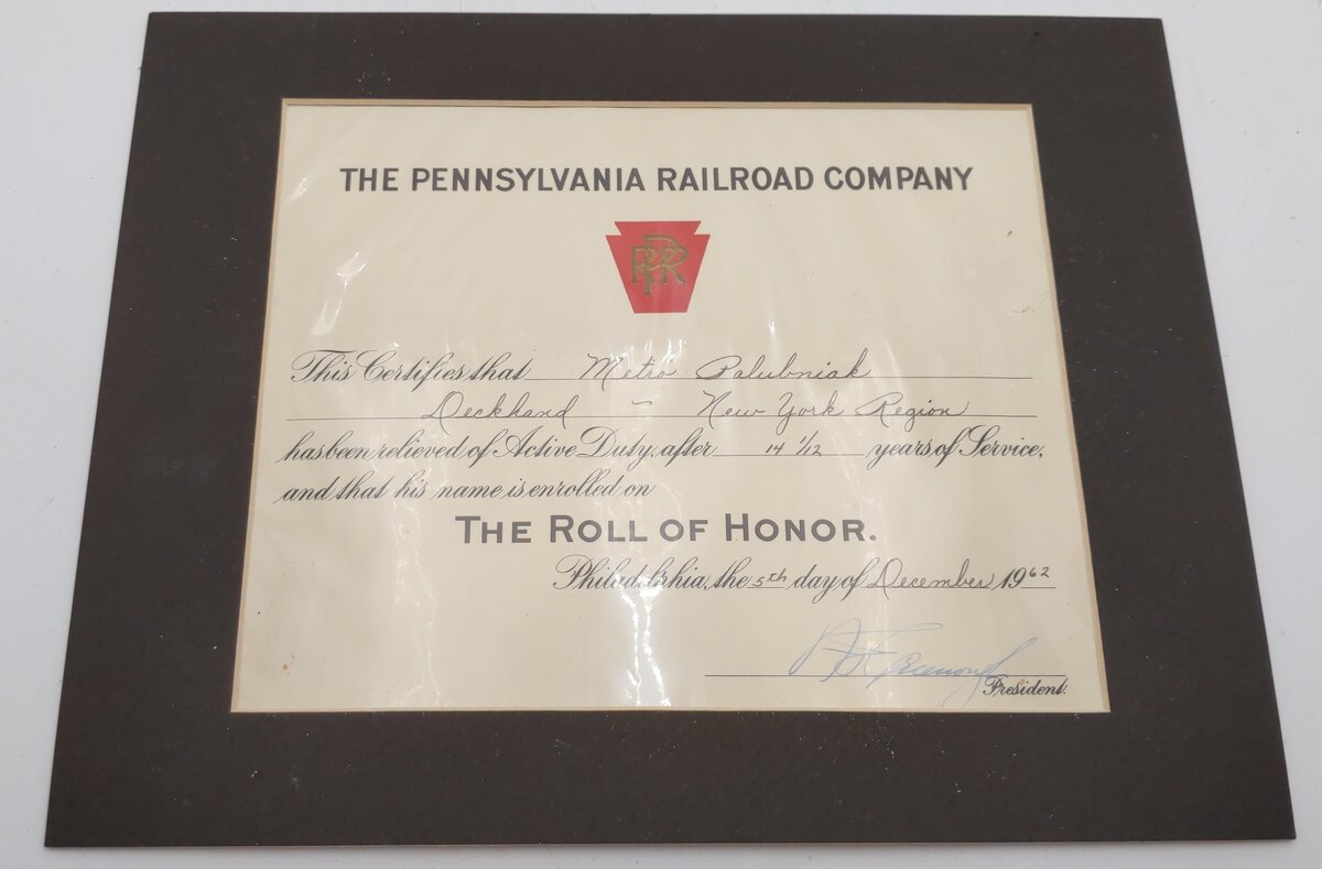 Pennsylvania Railroad Vintage Roll of Honor Dedication of Service Certificate EX