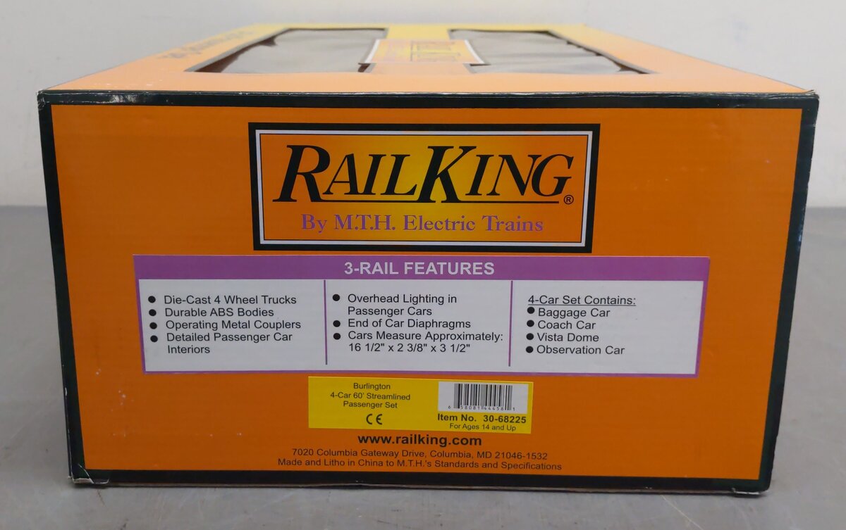 MTH 30-68225 O Burlington 4-Car 60' Streamlined Passenger Set LN/Box