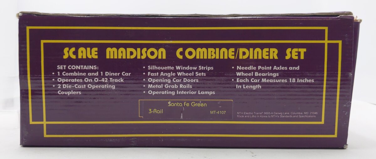 MTH 20-4107 O Santa Fe 70' Madison Combine/Diner Passenger Car Set (Set of 2) LN/Box