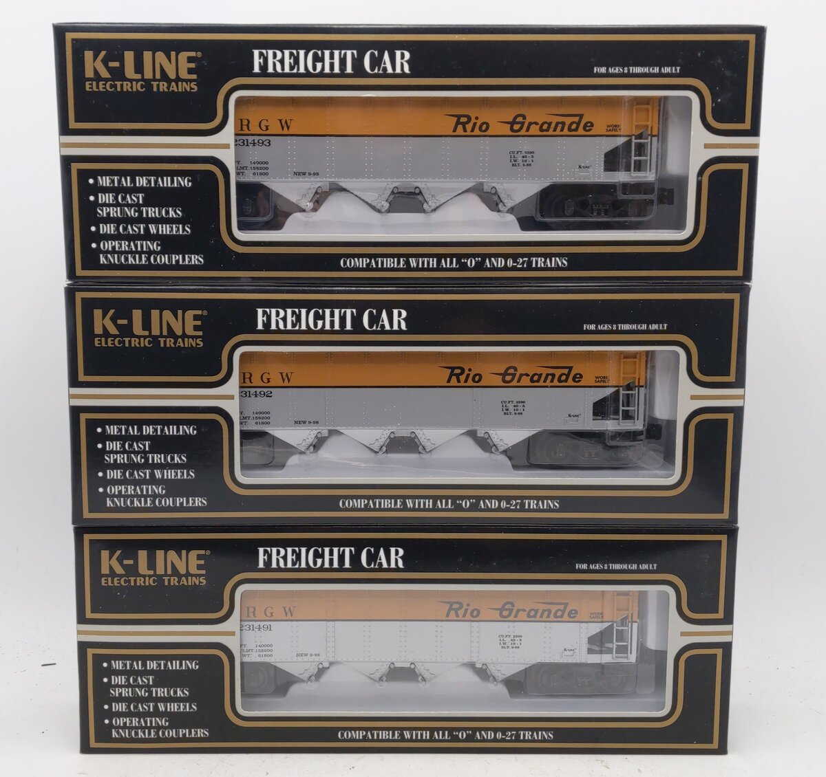 K-Line K623-1491A Rio Grande 4-Bay Die-Cast Hopper (Pack of 3) LN/Box