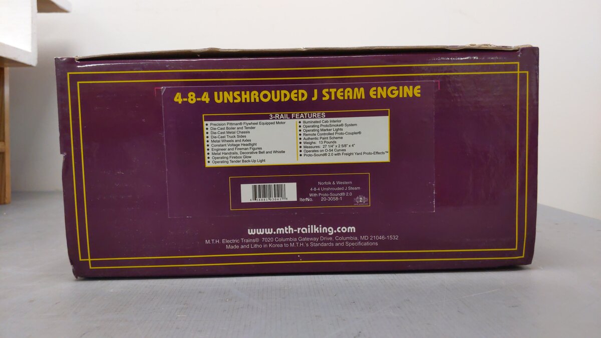 MTH 20-3058-1 O N&W 4-8-4 Unshrouded J-Class Steam Loco & Tender w/PS2 #605 EX/Box