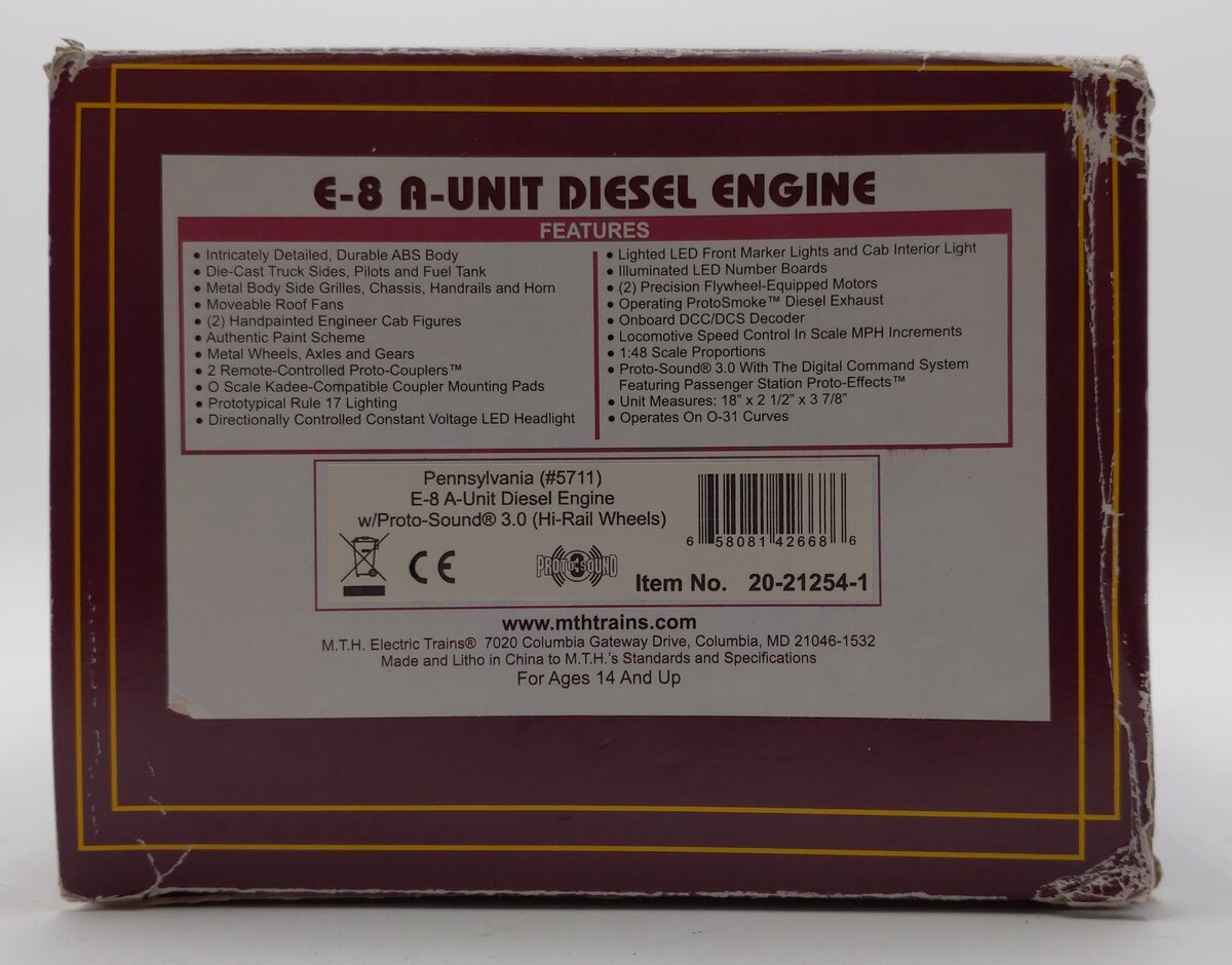MTH 20-21254-1 O Pennsylvania Premier E-8 A Unit Diesel Engine #5711 w/ PS3