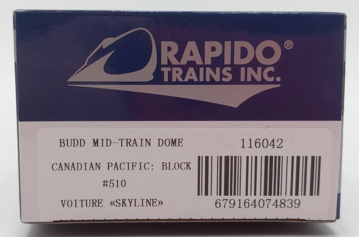 Rapido Trains 116042 HO Canadian Pacific Maroon Budd Mid-Train Dome Car #510