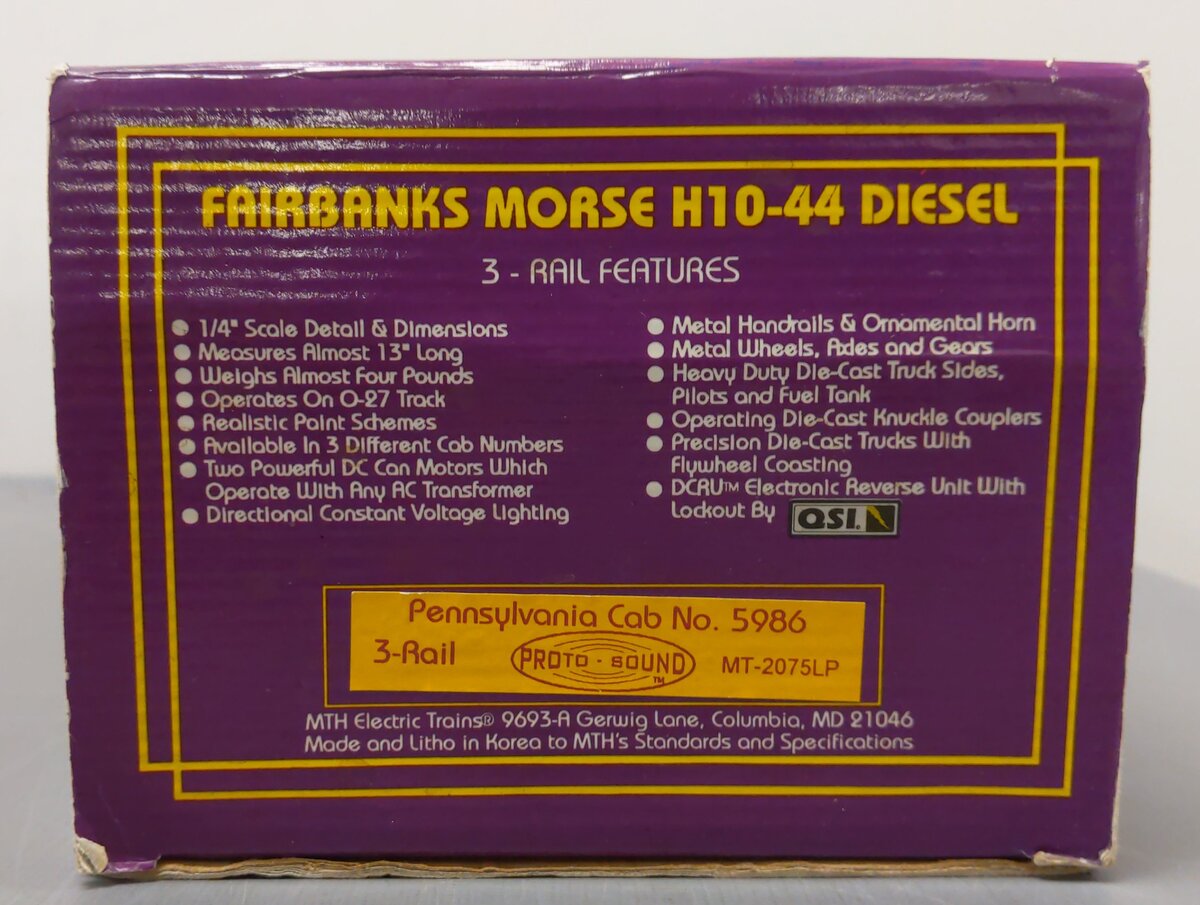MTH 20-2075-1 O Pennsylvania FM H10-44 Diesel Engine w/PS1 #5986 VG/Box