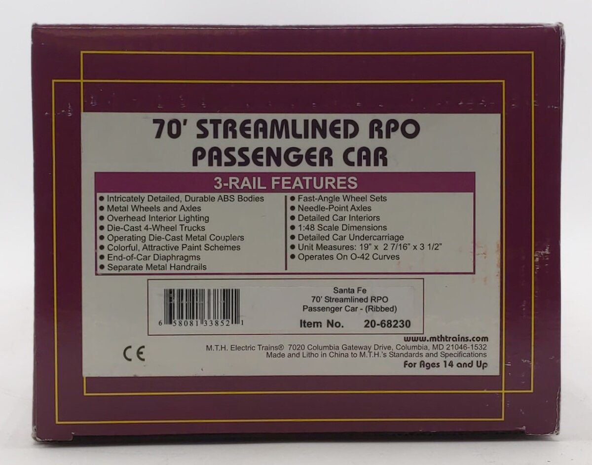 MTH 20-68230 O Santa Fe 70' Ribbed Streamlined RPO Car #101