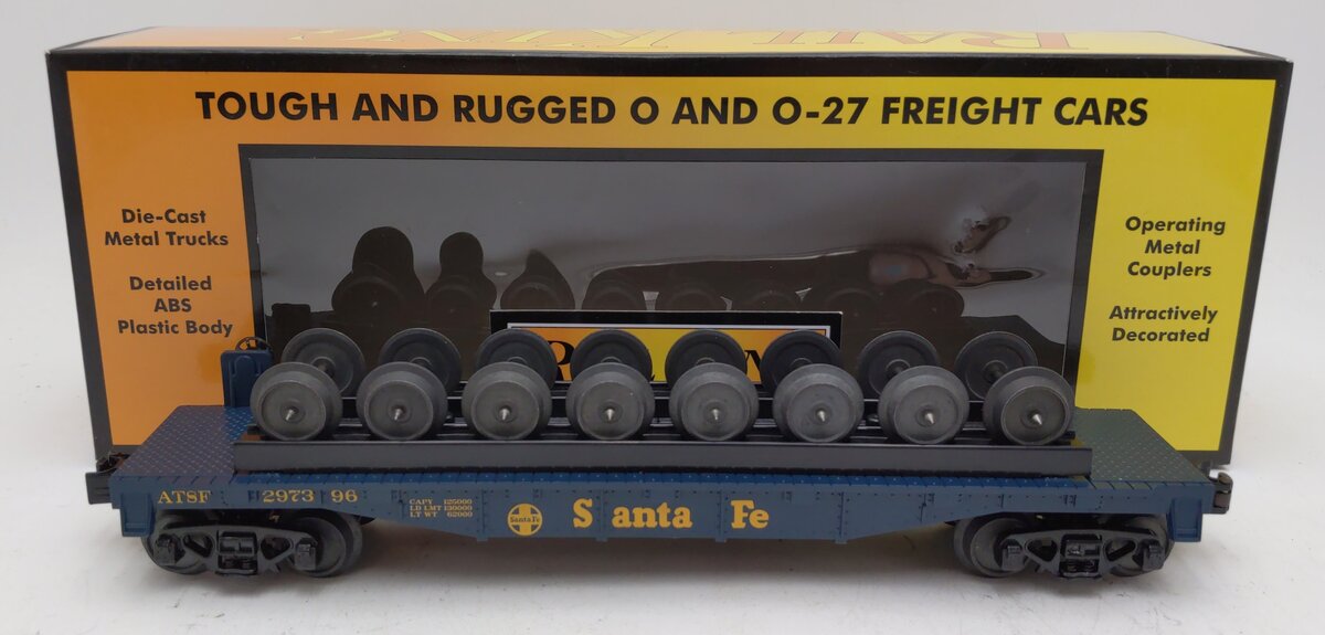 MTH 30-76459 O Santa Fe RailKing Flat Car with Wheel Set #297396