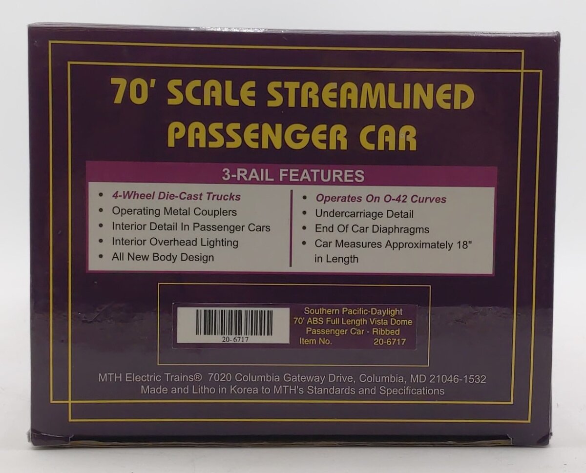MTH 20-6717 O Southern Pacific Daylight 70' ABS Full Length Vista Dome #3605 EX/Box
