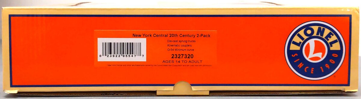 Lionel 2327320 O Gauge NYC 20th Century Limited 21'' Passenger Car (Set of 2) LN/Box