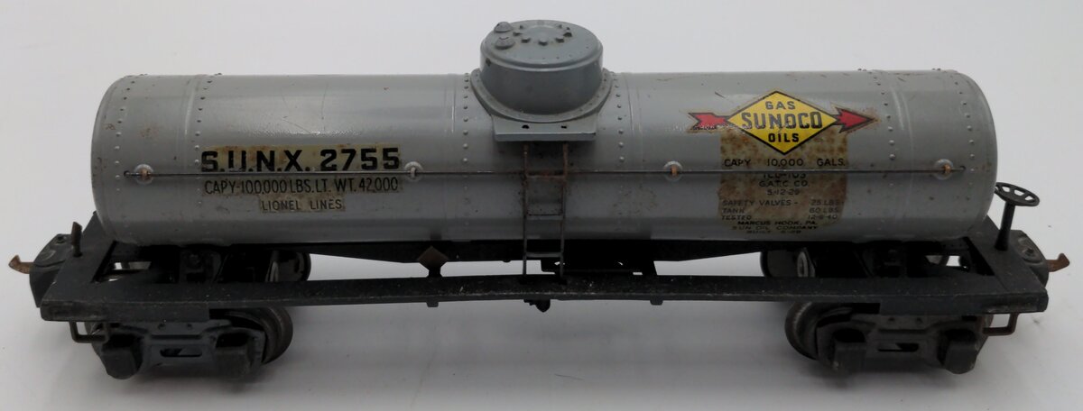 Lionel 2755 Vintage O Sunoco Metal Single Dome Tank Car - Tinplate Grey VG/Box