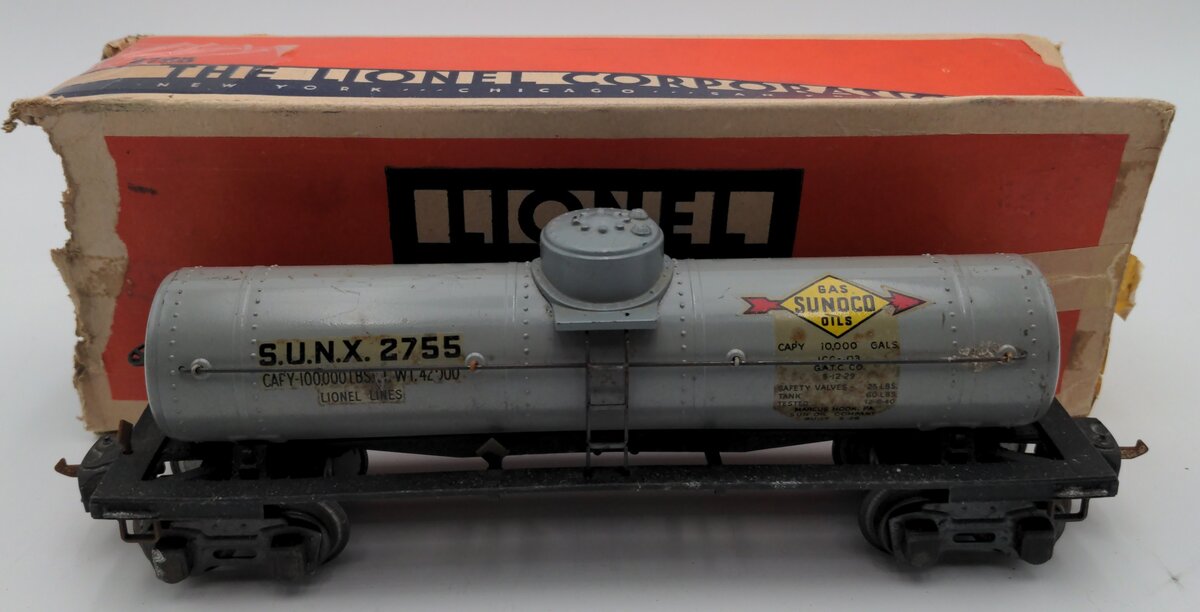 Lionel 2755 Vintage O Sunoco Metal Single Dome Tank Car - Tinplate Grey VG/Box
