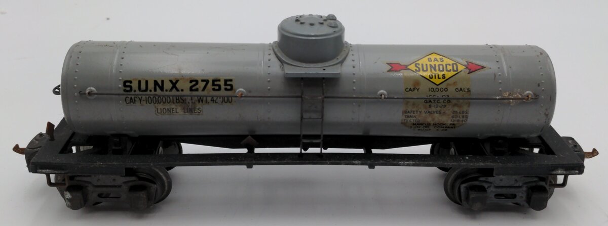 Lionel 2755 Vintage O Sunoco Metal Single Dome Tank Car - Tinplate Grey VG/Box