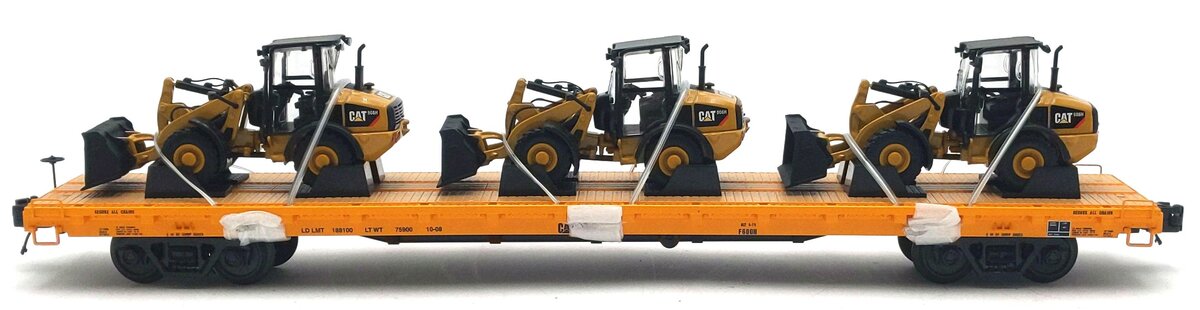 MTH 20-98649 Caterpillar 60’ Flat Car with 3 Wheel Loaders